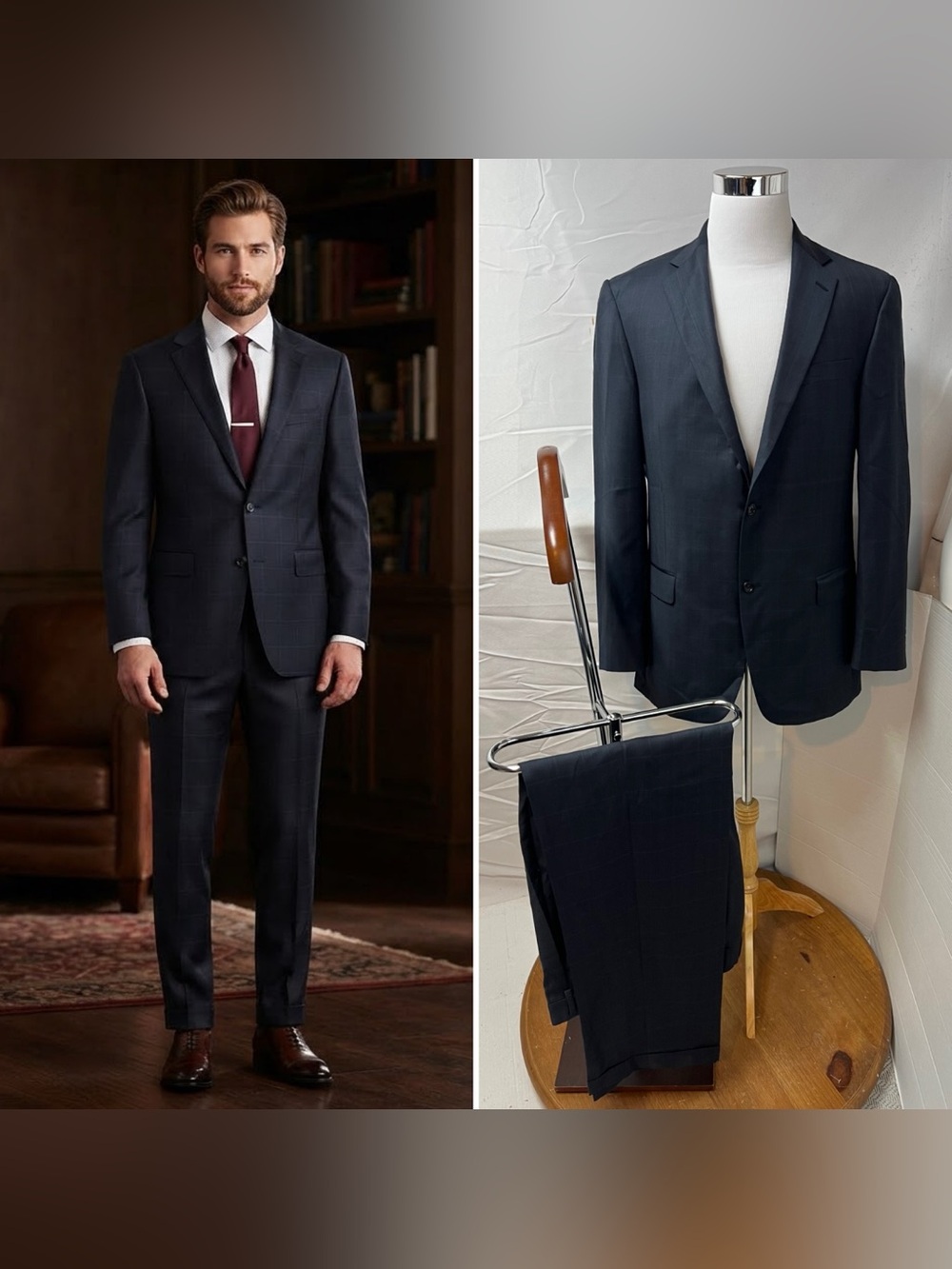 Hart Schaffner Marx Men's 44L Blazer 36x35 Pants Dark Blue Plaid Suit